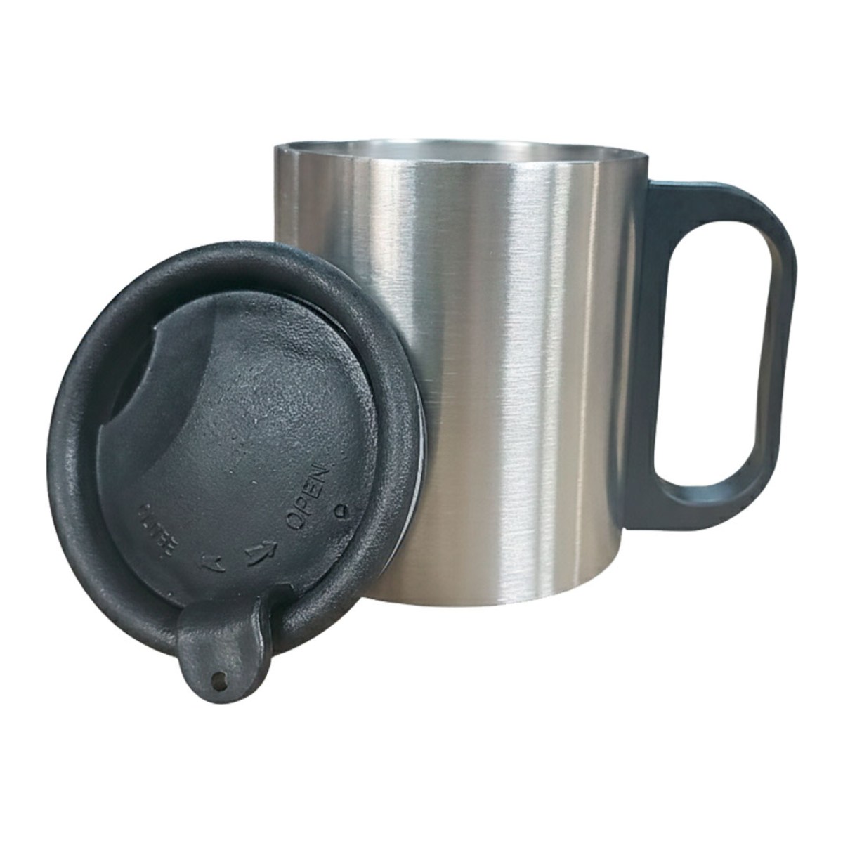 Caneca Inox 180ml com Cabo e Tampa Plástica e Trava de Segurança