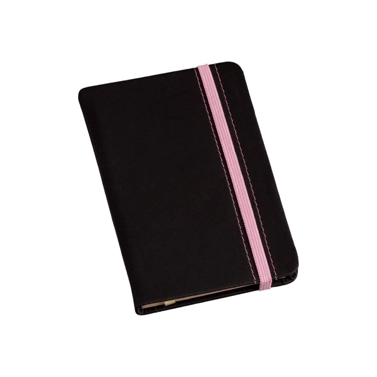 Caderneta Peq. tipo MOLESKINE capa Preta c/ Costura e Elástico Rosa sem Pauta