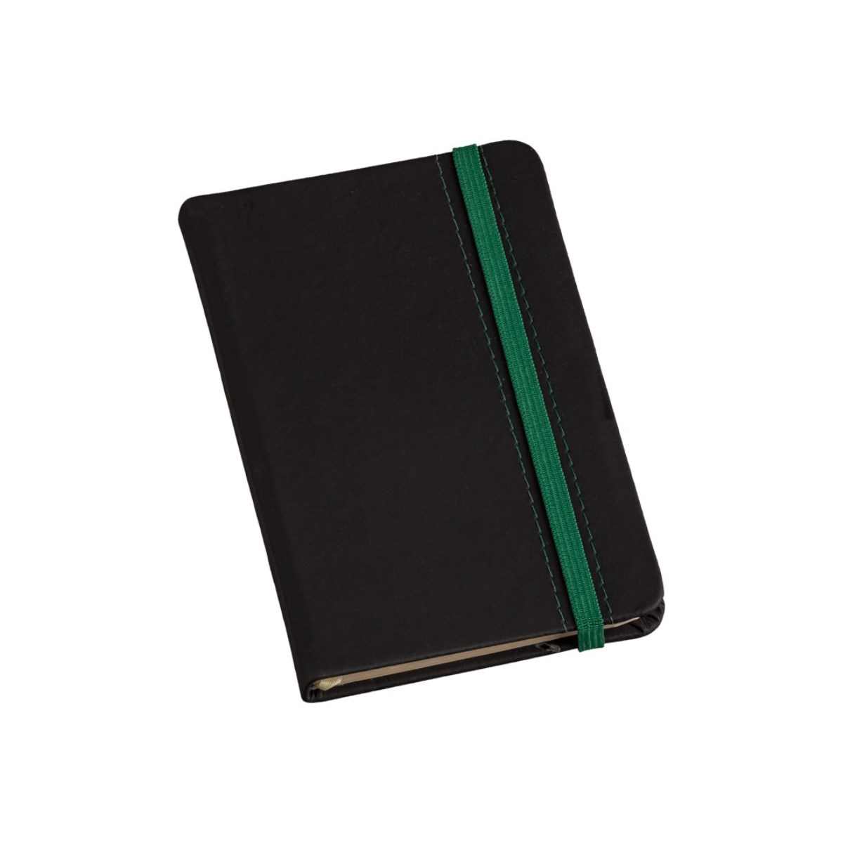 Caderneta Peq. tipo MOLESKINE capa Preta com Costura e Elástico Verde sem Pauta
