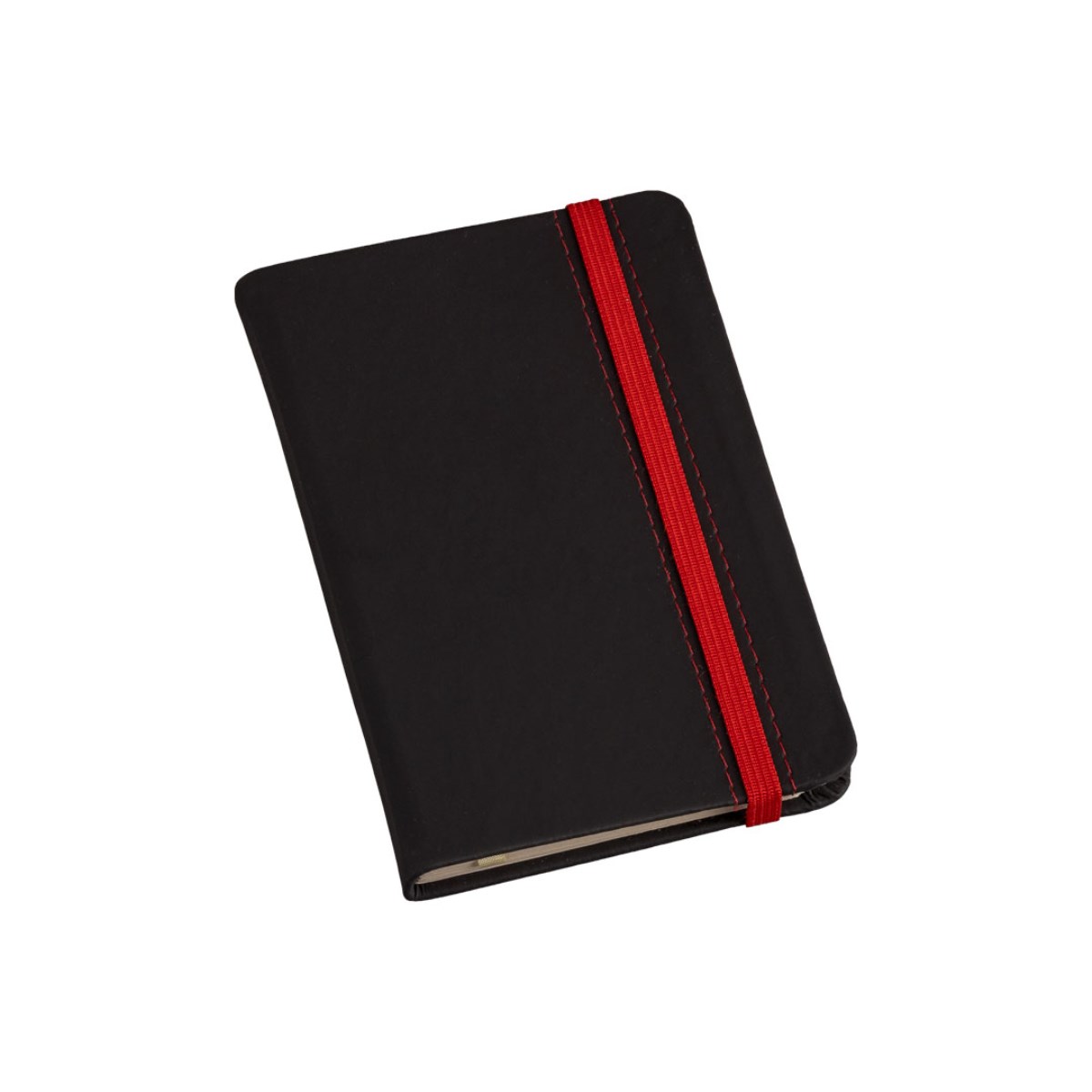 Caderneta Peq. tipo MOLESKINE capa Preta c/ Costura e Elástico Vermelho sem Pauta