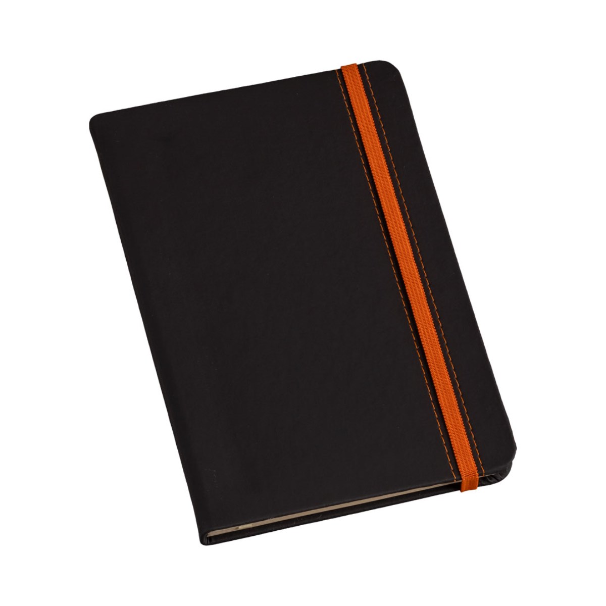 Caderneta Grande Tipo MOLESKINE Capa Preta c/ Cost. e Elástico Laranja sem Pauta