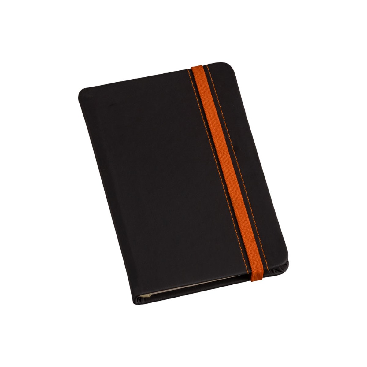 Caderneta Peq. tipo MOLESKINE capa Preta com Costura e Elástico Laranja sem Pauta